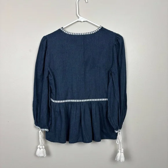 Zara ZRF Top Women's XS Blue Embroidered Chambray Baby Doll Bohemian Flawed - Picture 5 of 9